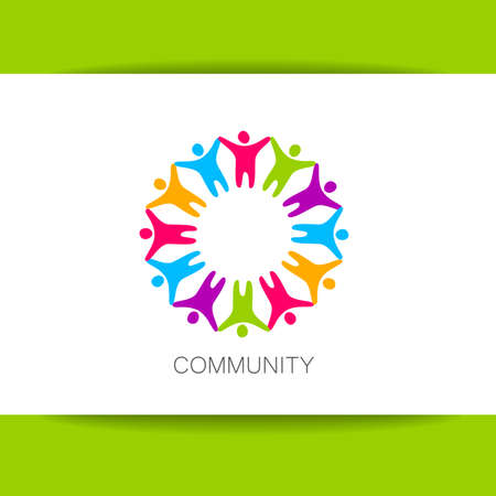 Happy people in circle shape. Concept for teamwork, business training, partnership, social network, community. Vector icon design template.のイラスト素材