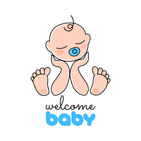 Welcome Baby. Cute Template.  Baby Shower greeting card with boy. Simple vector illustration.のイラスト素材