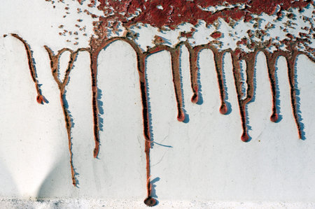 Close up,macro photography of dripping, runny red color on rough,grungy, dirty metal fence with interesting, intensive shadows from the cracked paint Abstract textured background with space for copy or textの写真素材
