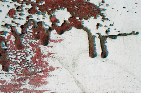 Close up,macro photography of dripping, runny red color on rough,grungy, dirty metal fence with...