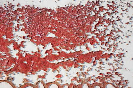 Close up,macro photography of  cracked red colour on rough,grunge, dirty metal surface with...