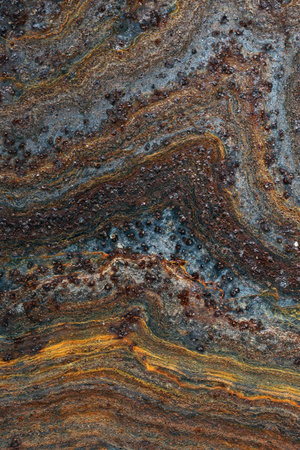 Close up of rusted, corroded, old, grunge, rough,  metal surface with rust stains - vivid abstract...