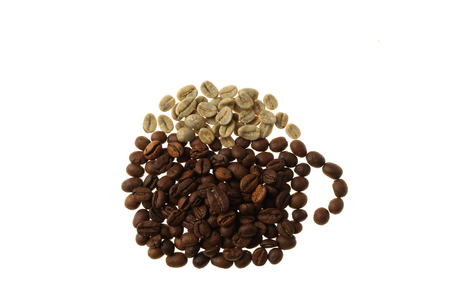 Cappuccino.
Roasted and raw orÂ green coffee beans background.
Shape of coffee cup and cappuccino foam.
Coffee cup sign made of seeds - isolated on white.
Design conceptの写真素材