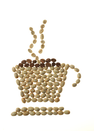 Black coffee or Coffee americano
Roasted and raw orÂ green coffee beans background.
Shape of coffee cup, saucer and steam.
Coffee cup sign and smoke made of seeds - isolated on white.
Design conceptの写真素材