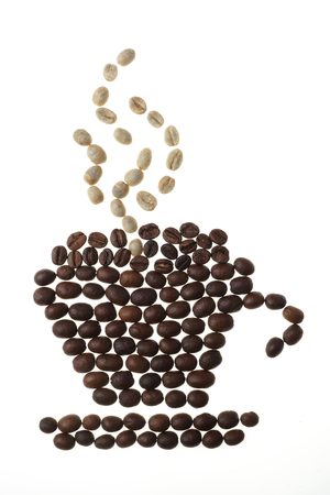 Black coffee or Coffee americano
Roasted and raw orÂ green coffee beans background.
Shape of coffee cup, saucer and steam.
Coffee cup sign and smoke made of seeds - isolated on white.
Design conceptの写真素材