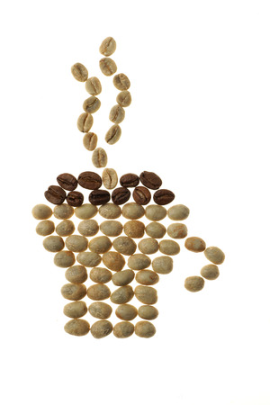 Espresso. 
Roasted and raw orÂ green coffee beans background.
Shape of coffee cup and steam.
Coffee cup sign and smoke made of seeds - isolated on white.
Design concept.の写真素材