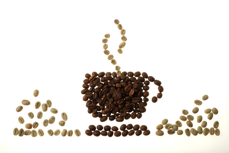 Black coffee or Coffee americano
Roasted and raw orÂ green coffee beans background.
Shape of coffee cup, saucer and steam.
Coffee cup sign and smoke made of seeds - isolated on white.
Design conceptの写真素材