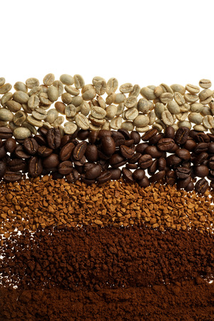 Close up of five different coffee types - coffee background
Green, unroasted and roasted beans.  
Instant, granulated and ground coffee.  
Isolated on white.の写真素材
