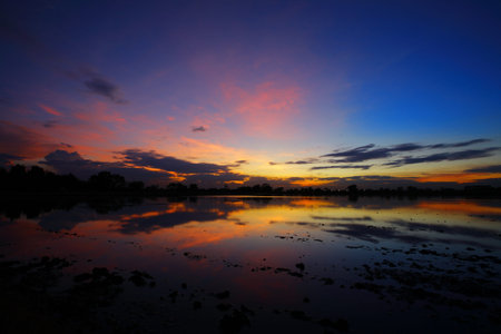 sunset over lakeの写真素材