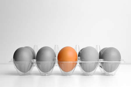 Eggs in packing on white backgroundの写真素材