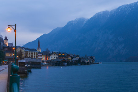 Hallstatt village in Alps at dusk, Austria