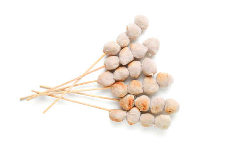 grill meatballs with bamboo skewer on white backgroundの写真素材