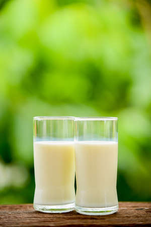 milk glass on table with nature backgroundの写真素材