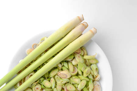 lemon grass slice in plate on white backgroundの写真素材
