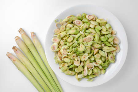 lemon grass slice in plate on white backgroundの写真素材