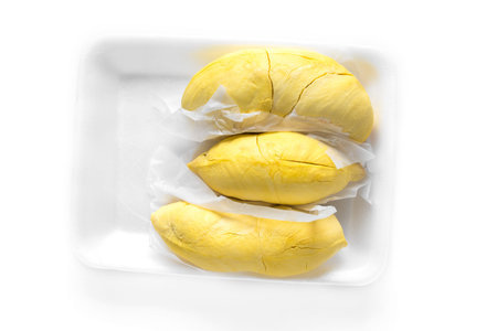 durian fruit in tray on white backgroundの写真素材