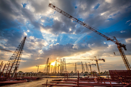 construction site with sunset