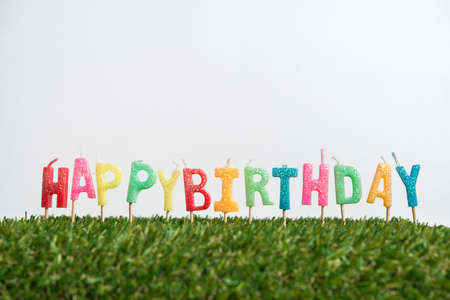 Birthday candles with grass on white backgroundの写真素材