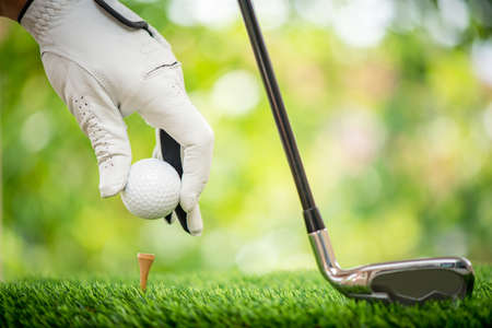 Golf players hand placing ball on teeの写真素材