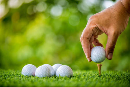 golf players hand placing ball on grassの写真素材