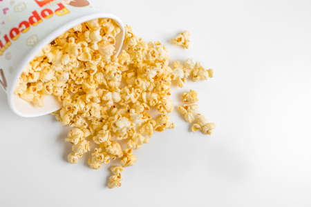 top view of popcorn in a box isolated on whiteの写真素材