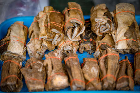 cow skin, cow leather. traditional food of northeast of thailand. grill to eat.の写真素材