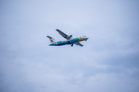Bangkok, Thailand - May 4, 2018: Bangkok airway aircraft approaches runway for a landing at...