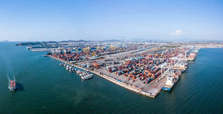 Chonburi, Thailand - February 19, 2018: panorama aerial view of loading cargo container ship port at Sriracha industrial port, Chonburi, Thailand.のeditorial素材