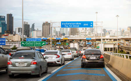 Bangkok, Thailand - August 09, 2019: View of traffic jam at expressway toll gate in Bangkok, Thailandのeditorial素材