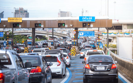 Bangkok, Thailand - August 09, 2019: View of traffic jam at expressway toll gate in Bangkok,...