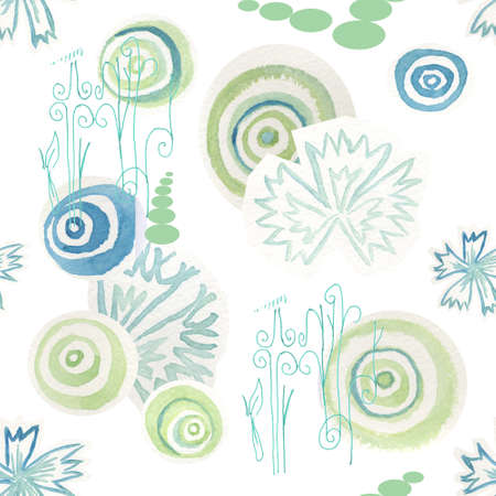 Seamless pattern with circles and cornflowers on white background の写真素材