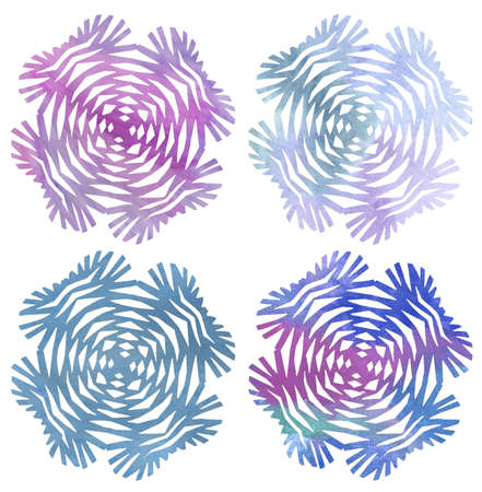 Four snowflakes with watercolor texture on white backgroundの写真素材
