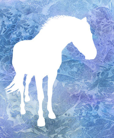 A white silhouette of a horse on blue watercolor backgroundの写真素材