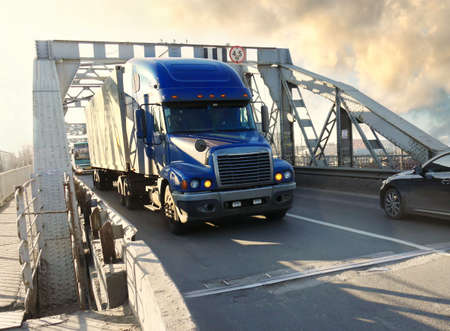 heavy truck on industrial bridgeの写真素材