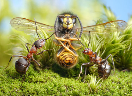ants formica rufa and dried wasp, focus on hunters