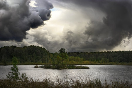 dragon shaped monster cloud swirl over lake island, tornado, thunderstorm