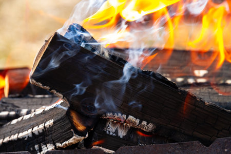 burning firewood stacked in a bonfire with coals in the open air and red flames