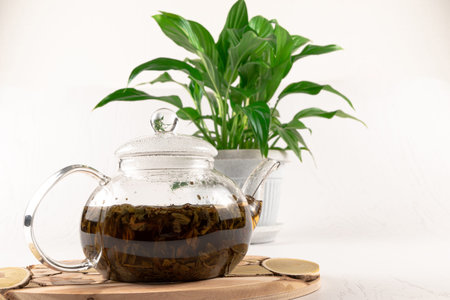 glass teapot with herbal tea on a wooden juniper stand and a green plant on a white wooden tableの写真素材