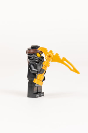 Yekaterinburg. Russia. 04.08.2021. Toy hero Cole in a black kimono with a golden weapon earthquake...