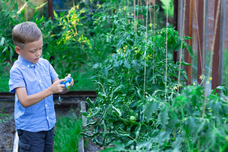 A cute preschooler boy with a neat haircut in a blue shirt takes pictures of green plants in a greenhouse on a hot summer day. Selective focus. Portraitの写真素材