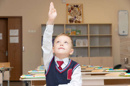 A first-grader boy at a desk with textbooks and notebooks in the classroom on the day of knowledge on September 1 at school at the lesson. Selective focus. Close-upの写真素材