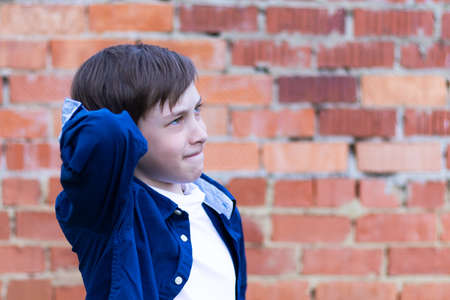 Boy teenager in a blue shirt and white T-shirt on a brick wall background. Close-up. Selective focus. Portraitの写真素材