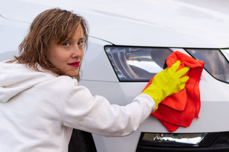 A pretty young woman in a white hoodie and yellow rubber gloves wipes the headlights of a car with a...