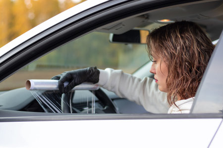 A beautiful young woman driver in a white jacket and black gloves wraps the steering wheel of a car...