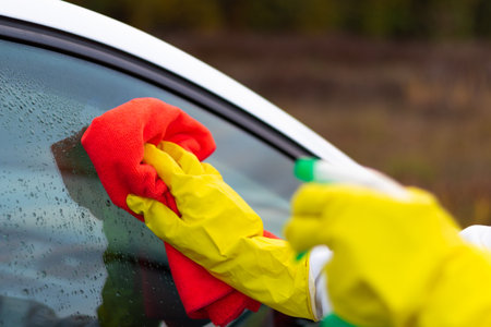 Hands in yellow rubber gloves wipe the glass of a car with a red rag and spray water from a spray...