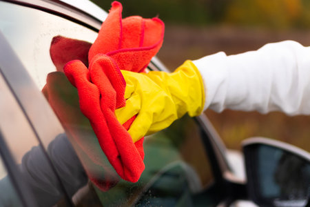A hand in a yellow rubber glove wipes the glass of a car with a red microfiber rag from dirt on a...