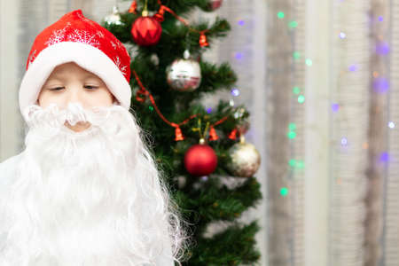 A seven-year-old boy dressed as Santa Claus with a beard on New Year's Eve at home against the background of a Christmas tree and garlands. Selective focus. Portraitの写真素材