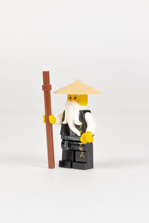Yekaterinburg. Russia. 04.08.2021. Toy hero Master Wu in a black kimono with a staff from a set of...