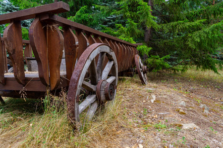 An old wooden broken cart with wheels stands in nature in the village on a summer sunny day. The...