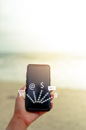 Women hand using smartphone do online selling for people shopping online with chat box, cart, dollar...